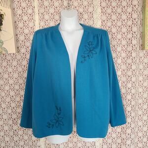 Vintage 90s Lady graff blue open front embroidered tight knit cardigan size xl